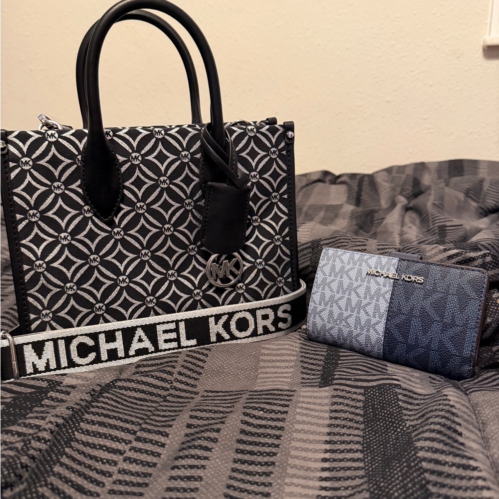 Michael Kors Black and Silver Patterned Handbag and Blue Wallet